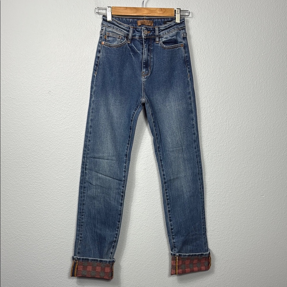 Judy Blue Plaid Print‎ Cuff Classic Blue Denim Jeans